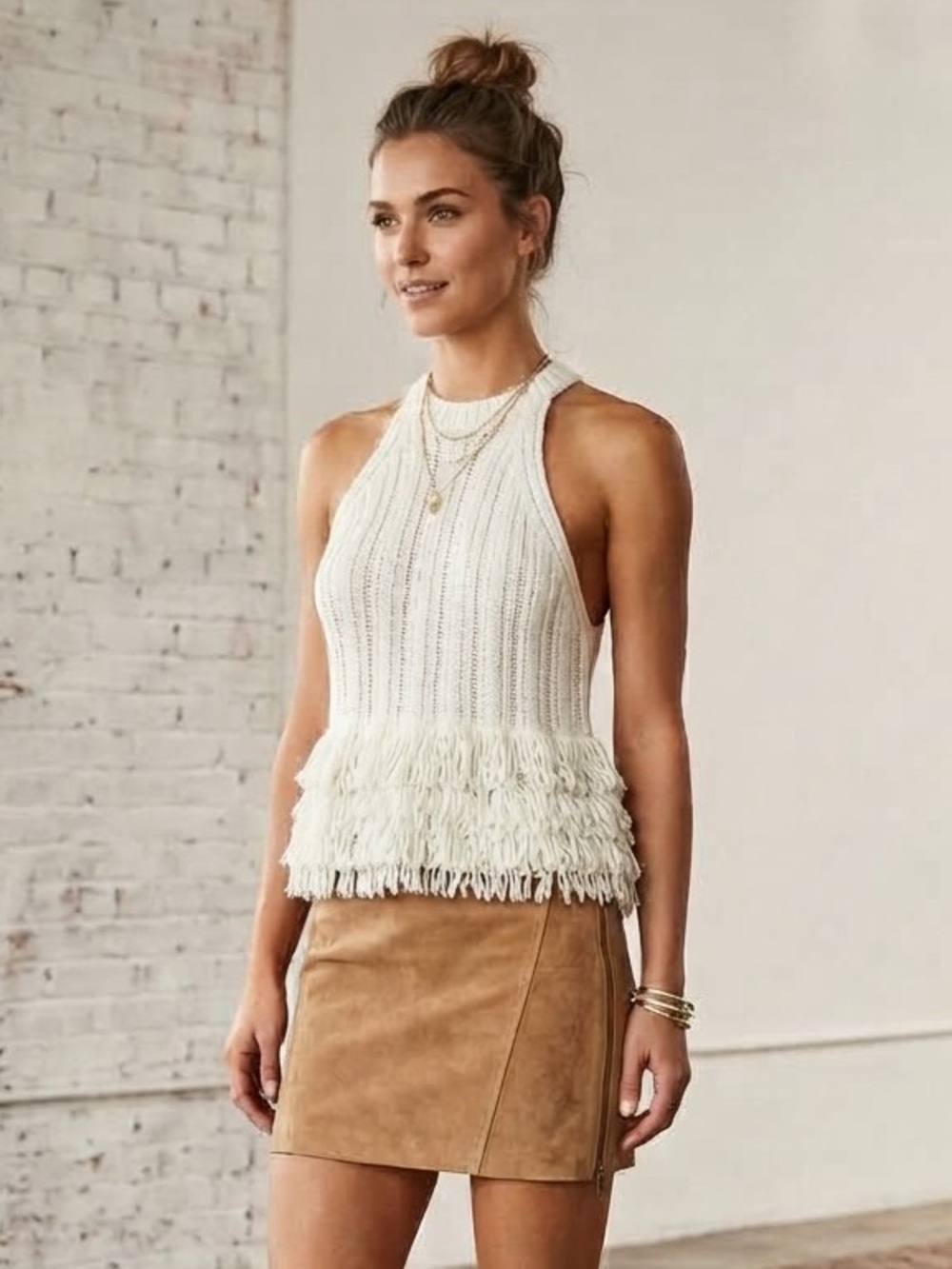 Mango Cream Fringe Detail Knit Halter Top Size M